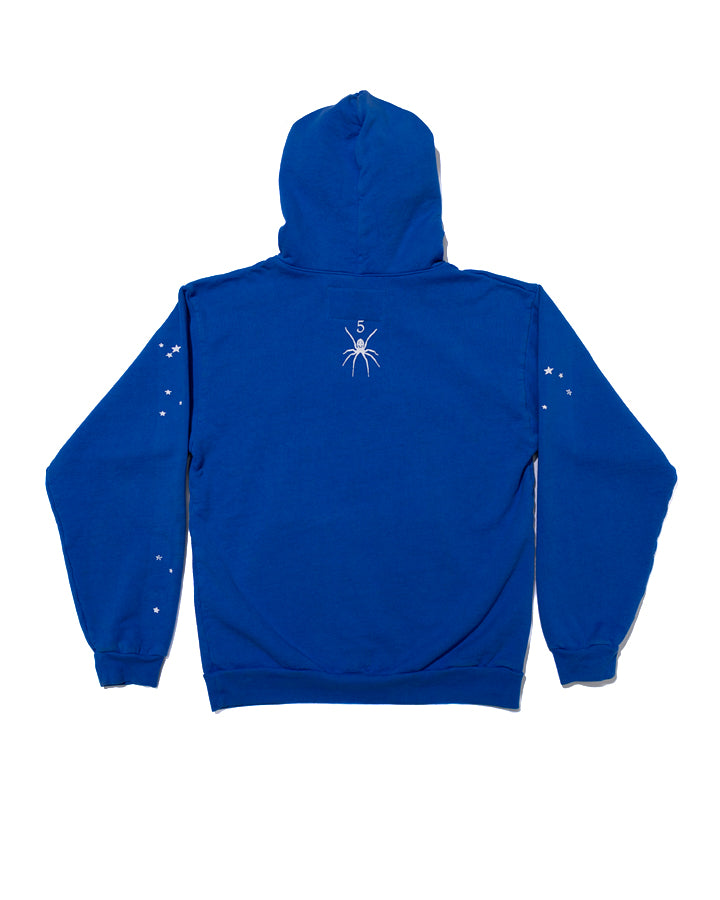Blue OG WEB V2 AWAY HOODIE, 13oz cotton fleece, with white spider graphic and scattered stars on back and sleeves.