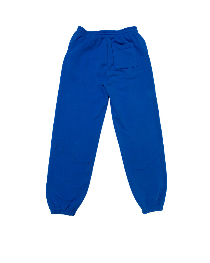 Blue cotton fleece sweatpants with elasticized waistband and cuffs, featuring a back pocket.