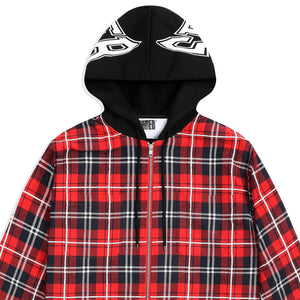 RED HOODED ZIP FLANNEL SHIRT JACKET