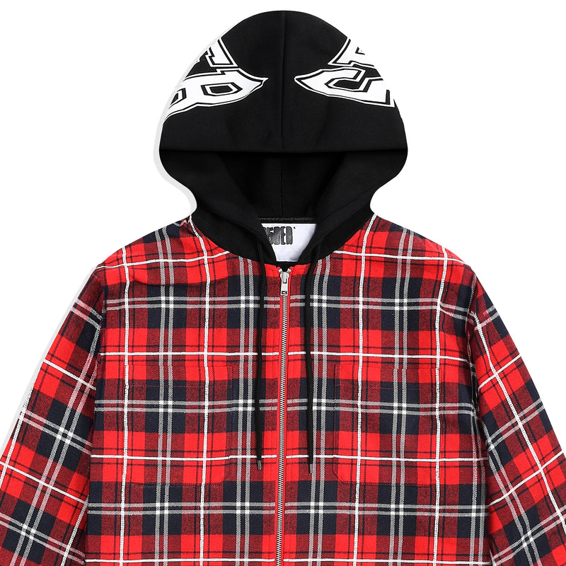 RED HOODED ZIP FLANNEL SHIRT JACKET