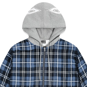 HOODED ZIP FLANNEL SHIRT JACKET BLUE PLAID