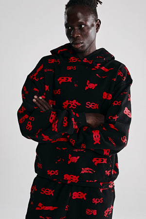 BLACK SEX AOP HOODIE ON MODEL