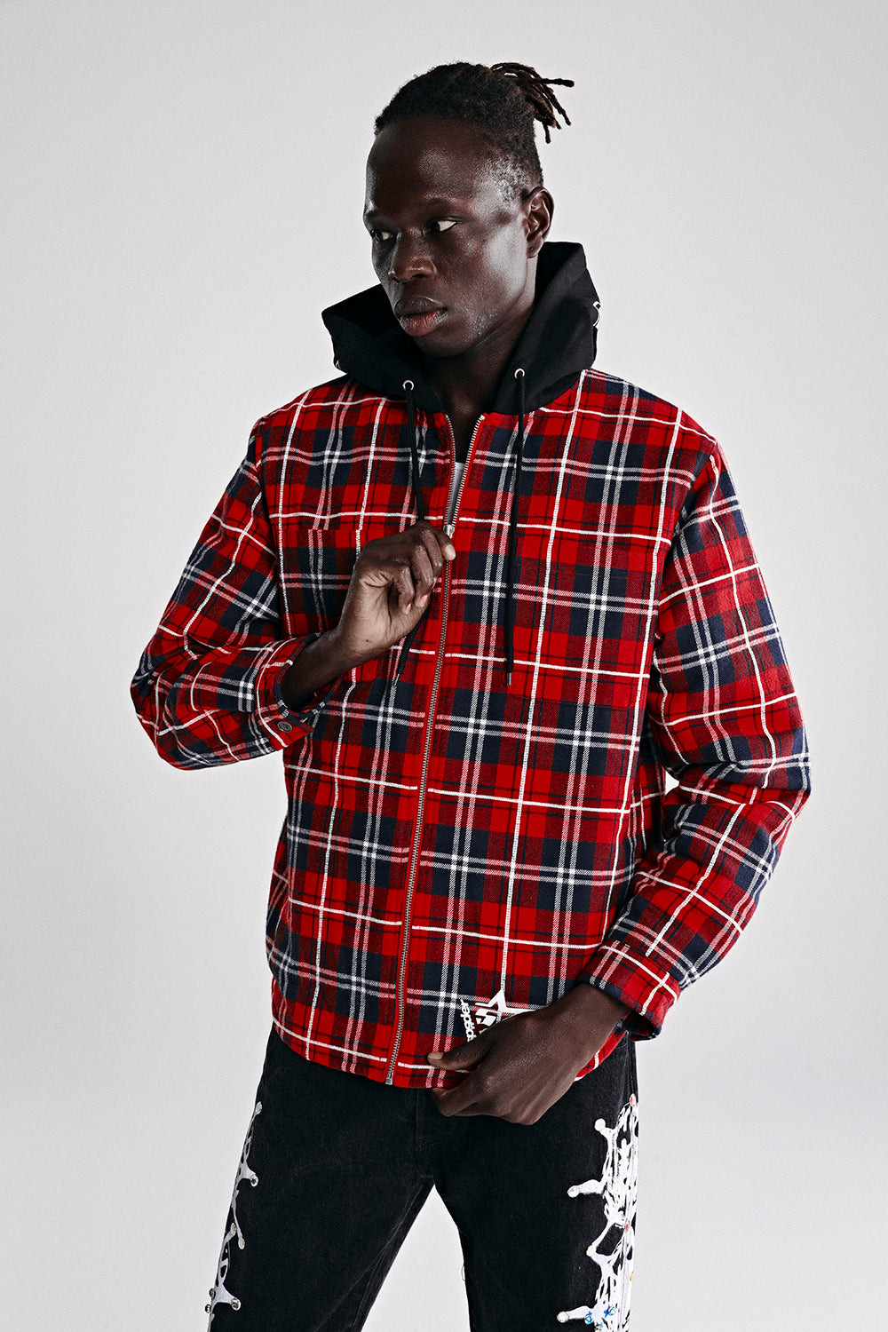 RED HOODED ZIP FLANNEL SHIRT JACKET | KING SPIDER | SP5DER