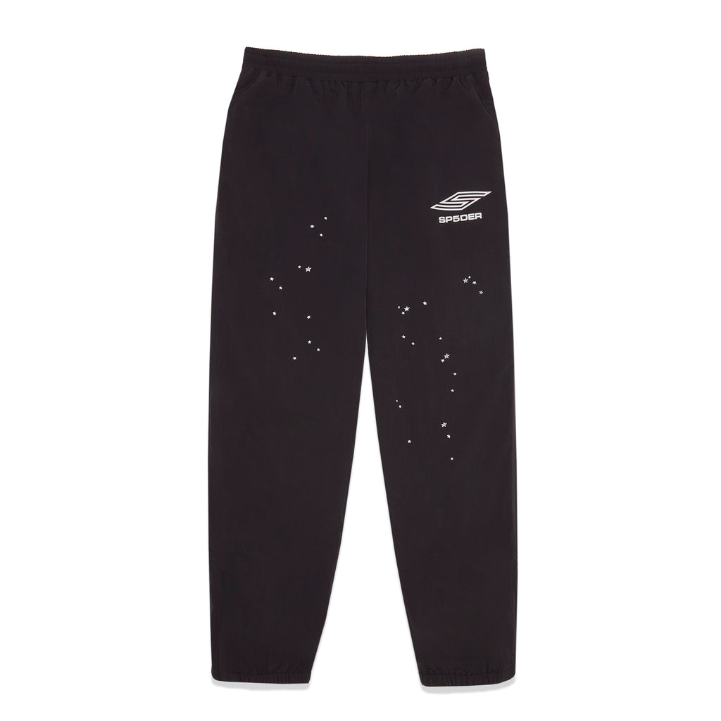 Black SP5DER PRO WIND PANT with white logo and scattered star print, elasticized waistband, and zip cuffs.