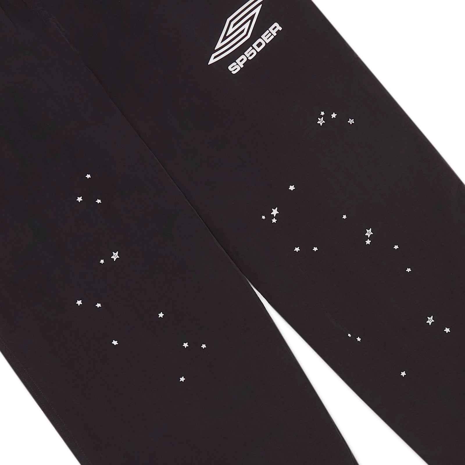 Black nylon ripstop SP5DER PRO WIND PANT with white logo and scattered star print.
