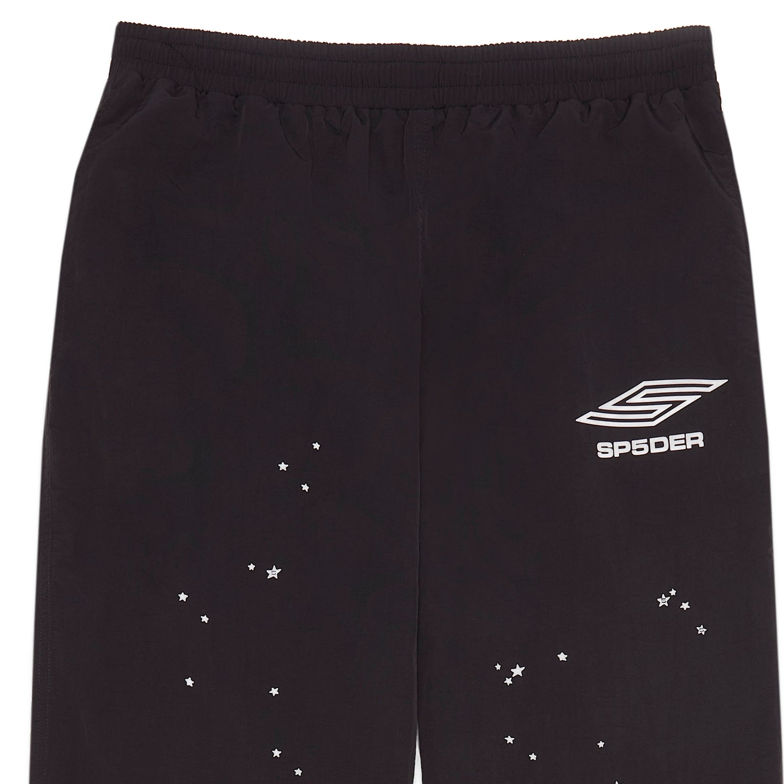 Black nylon ripstop SP5DER PRO wind pants with white logo and scattered star print.
