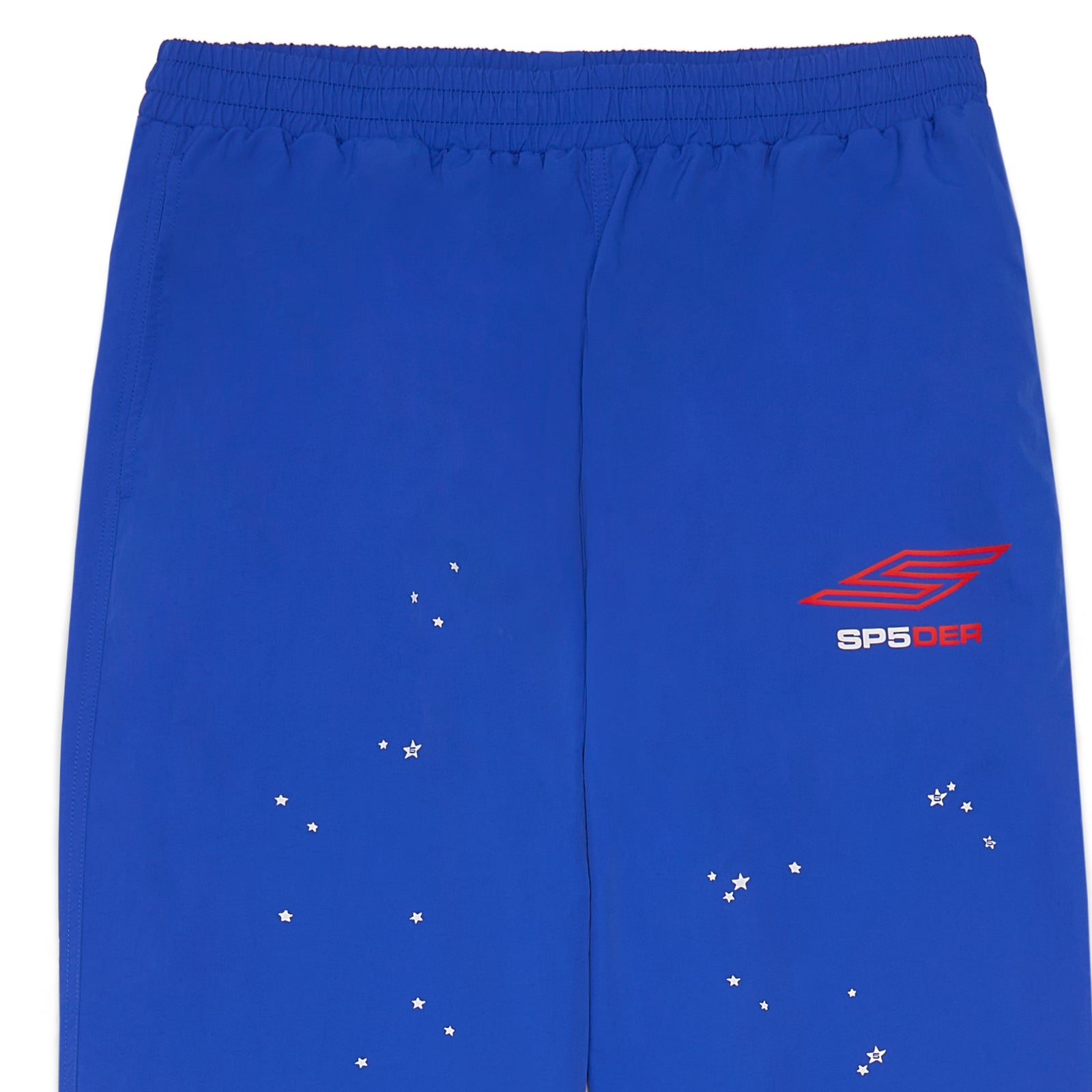 SP5DER PRO Wind Pant: Blue nylon ripstop pants with red SP5 Pro logo and white scattered star print.
