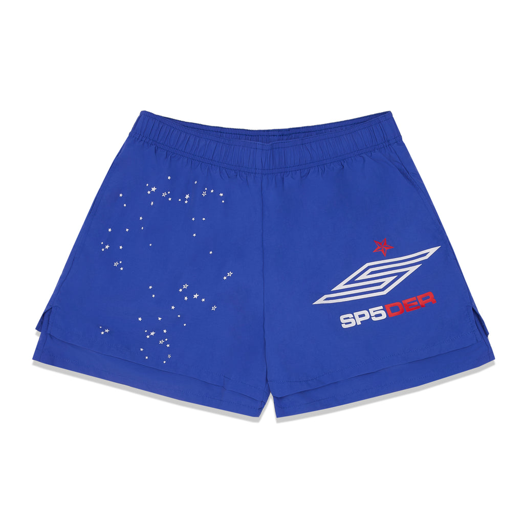Blue SP5DER PRO double layer shorts with star print and SP5 pro motif.