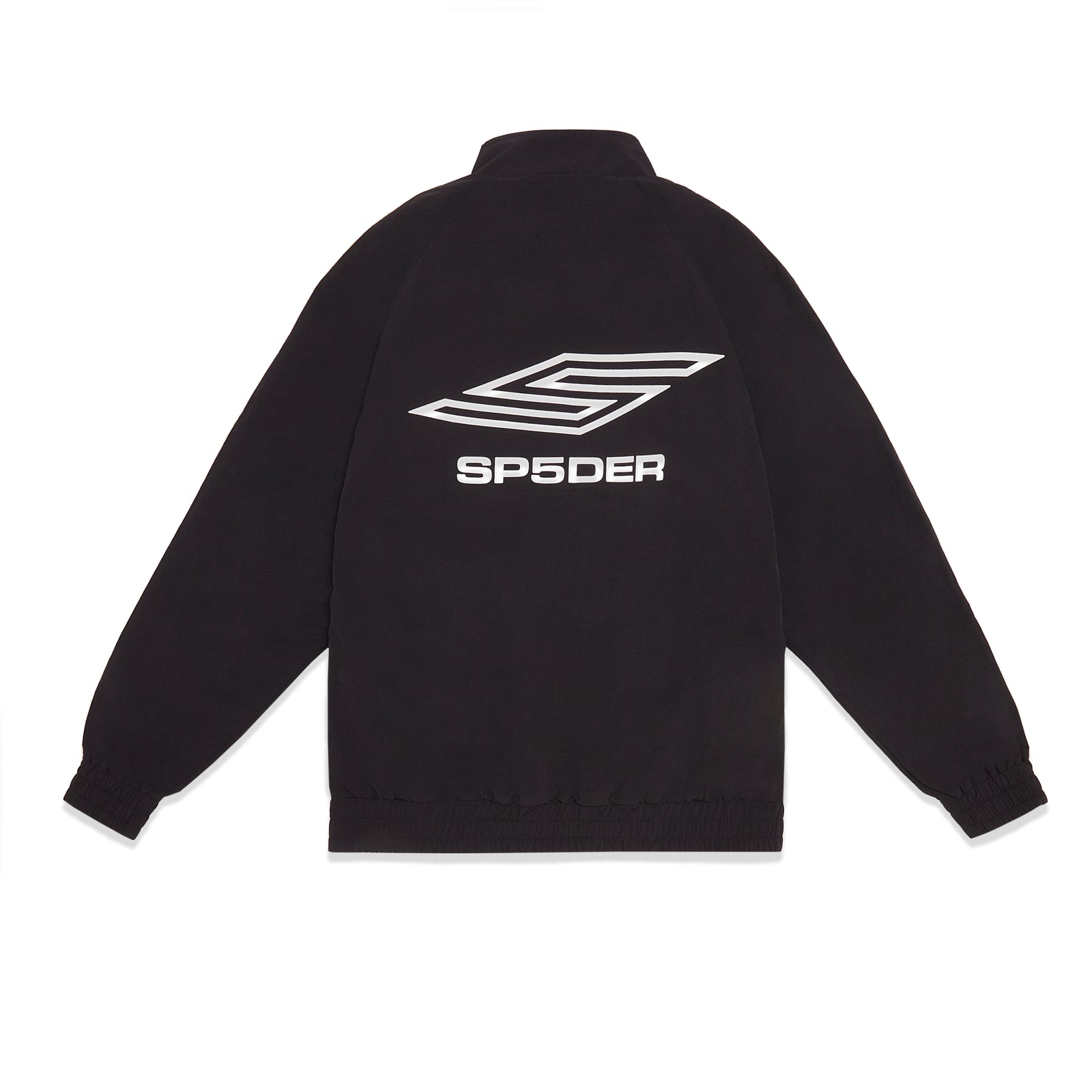 Black nylon ripstop SP5DER PRO windbreaker with white logo on back.