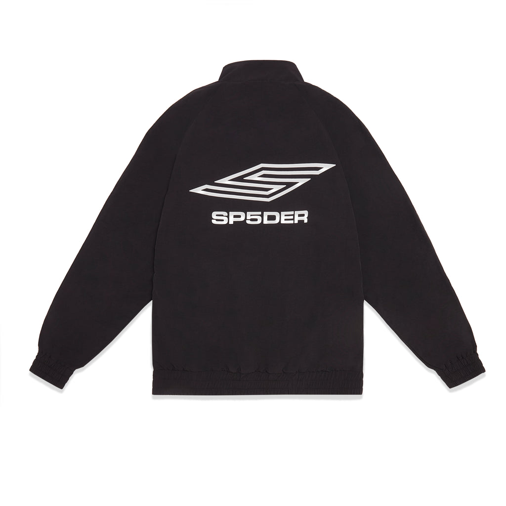 Black nylon ripstop SP5DER PRO windbreaker with white logo on back.