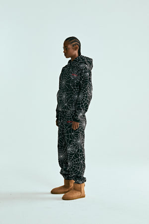 BLACK EMBROIDERED AOP HOODIE ON MODEL