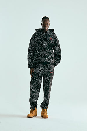 BLACK EMBROIDERED AOP HOODIE ON MODEL