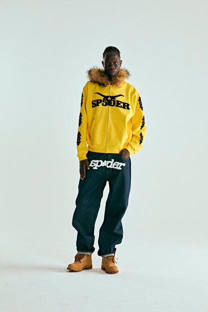 YELLOW FUR HOODED ZIP UP SWEATSHIRT ON MODEL