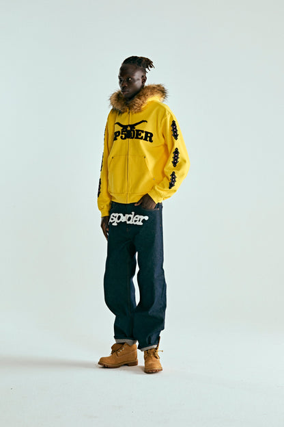 YELLOW FUR HOODED ZIP UP SWEATSHIRT ON MODEL