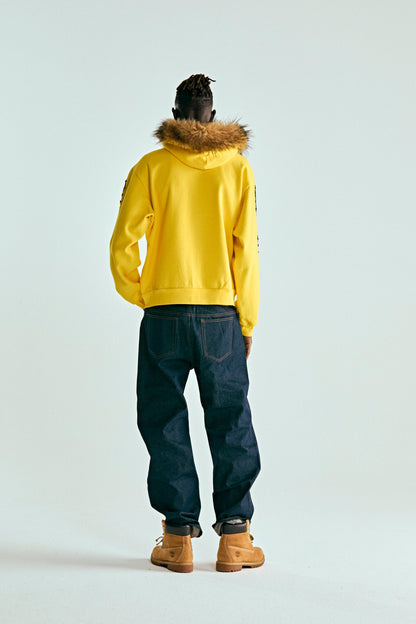 YELLOW FUR HOODED ZIP UP SWEATSHIRT ON MODEL