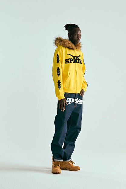 YELLOW FUR HOODED ZIP UP SWEATSHIRT ON MODEL