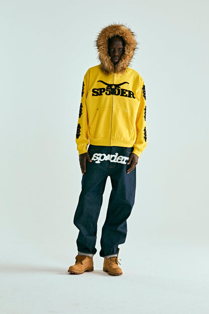 YELLOW FUR HOODED ZIP UP SWEATSHIRT ON MODEL