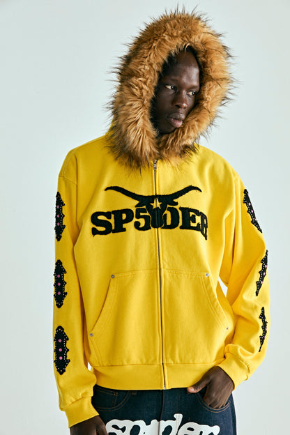 YELLOW FUR HOODED ZIP UP SWEATSHIRT ON MODEL