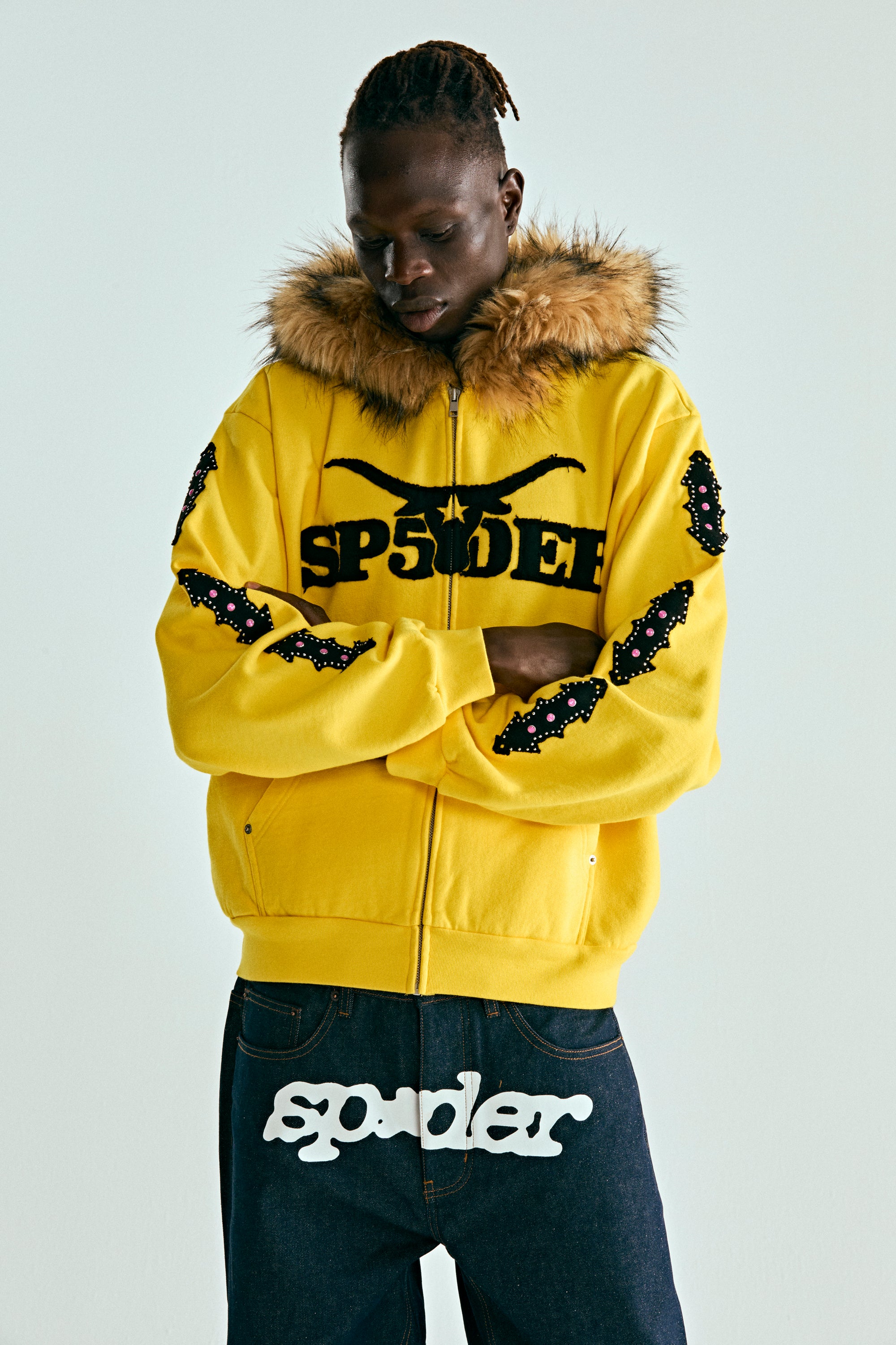 【希少】 激レア SP5DER ファージップパーカー パーカー イエロー YELLOW FUR HOODED ZIP UP SWEATSHIRT | SP5DER | KING SPIDER