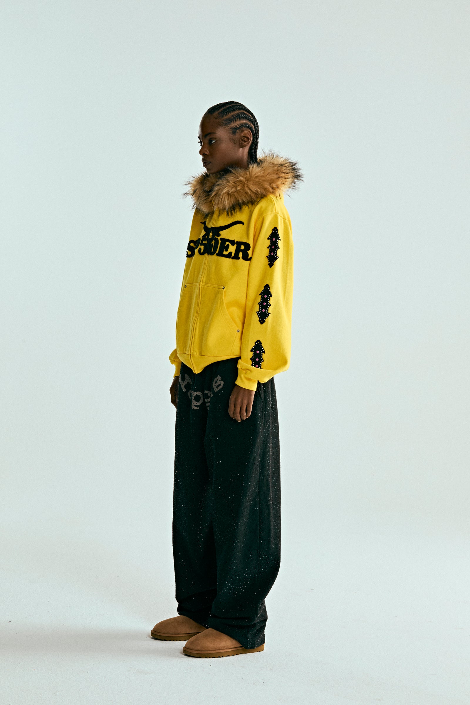YELLOW FUR HOODED ZIP UP SWEATSHIRT ON MODEL