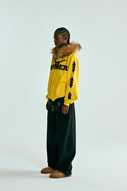 YELLOW FUR HOODED ZIP UP SWEATSHIRT ON MODEL