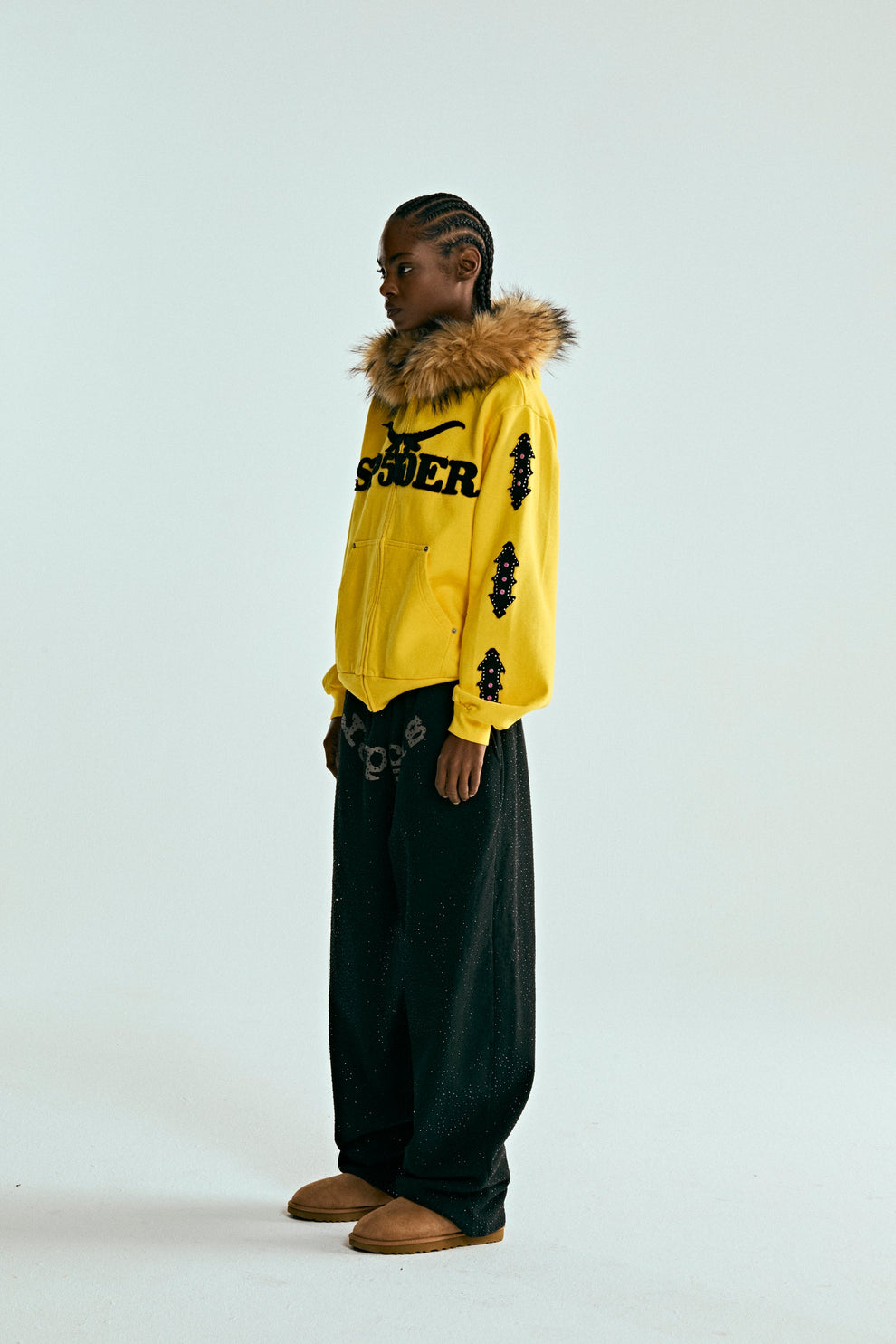 YELLOW FUR HOODED ZIP UP SWEATSHIRT ON MODEL