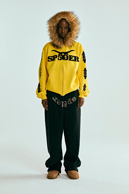 YELLOW FUR HOODED ZIP UP SWEATSHIRT ON MODEL