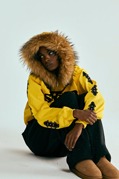 YELLOW FUR HOODED ZIP UP SWEATSHIRT ON MODEL