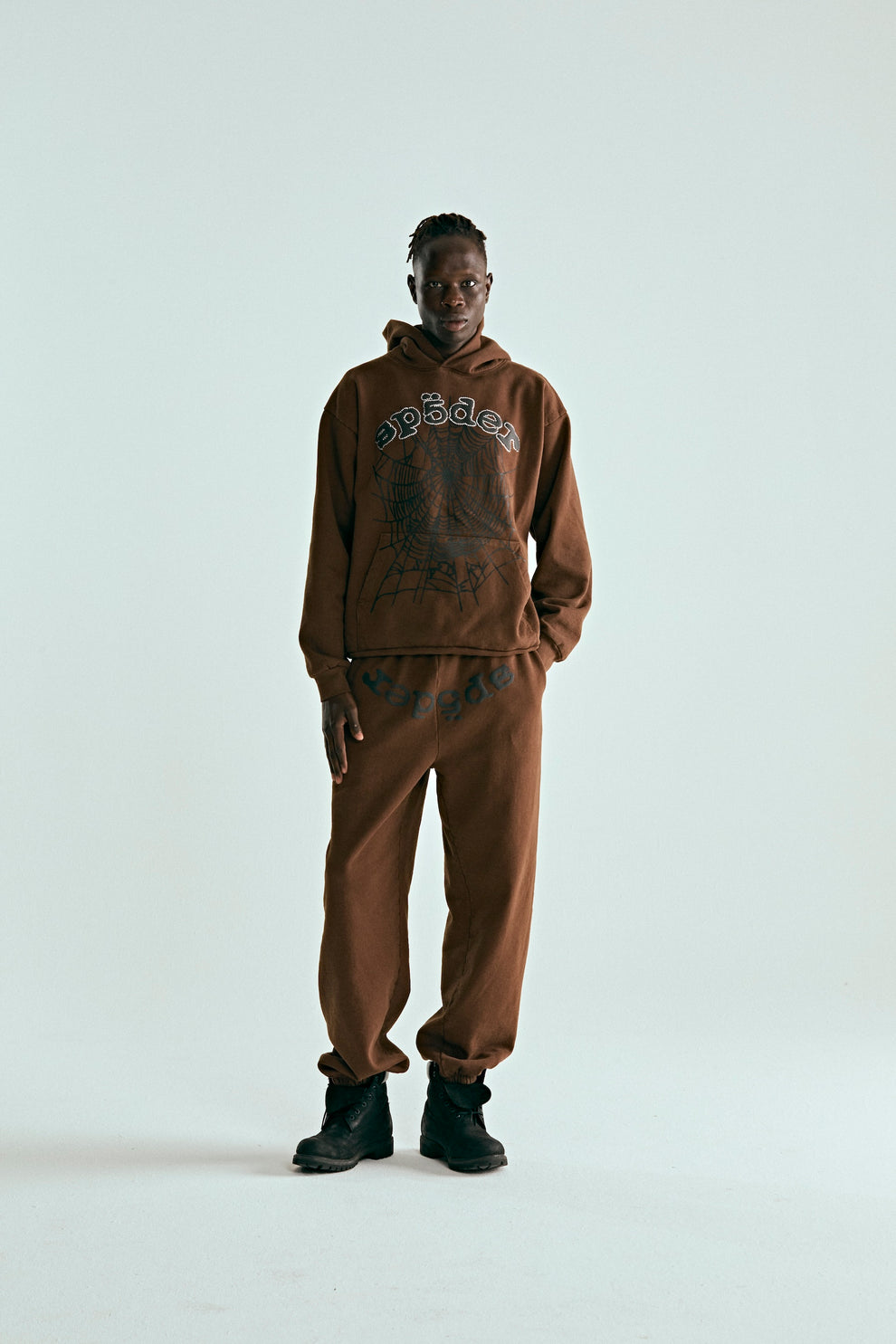 Brown OG Web Hoodie and sweatpants with rhinestone spiderweb design.