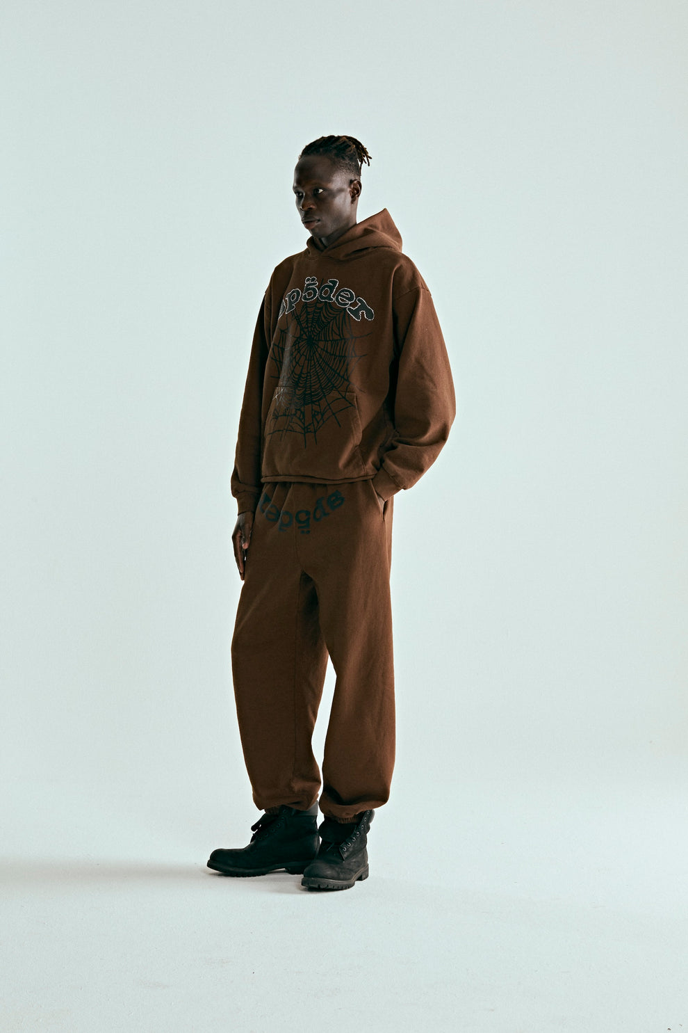 Brown OG Web Hoodie and sweatpants with SP5DER logo, web, and rhinestone applique.