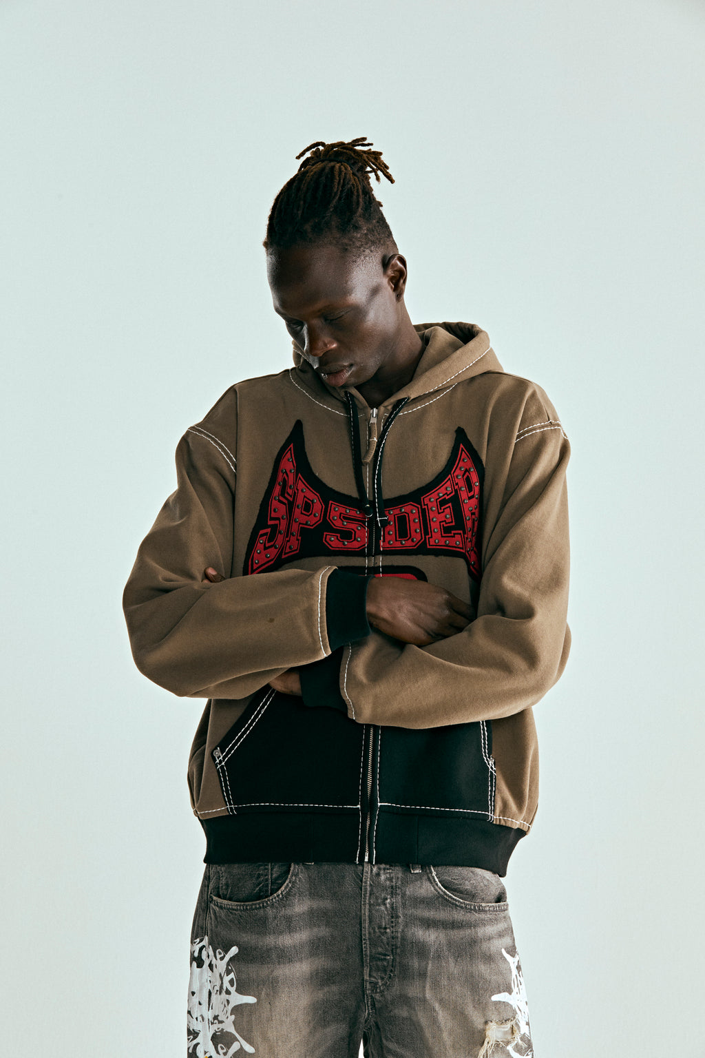 BROWN T&F ZIP HOODIE ON MODEL