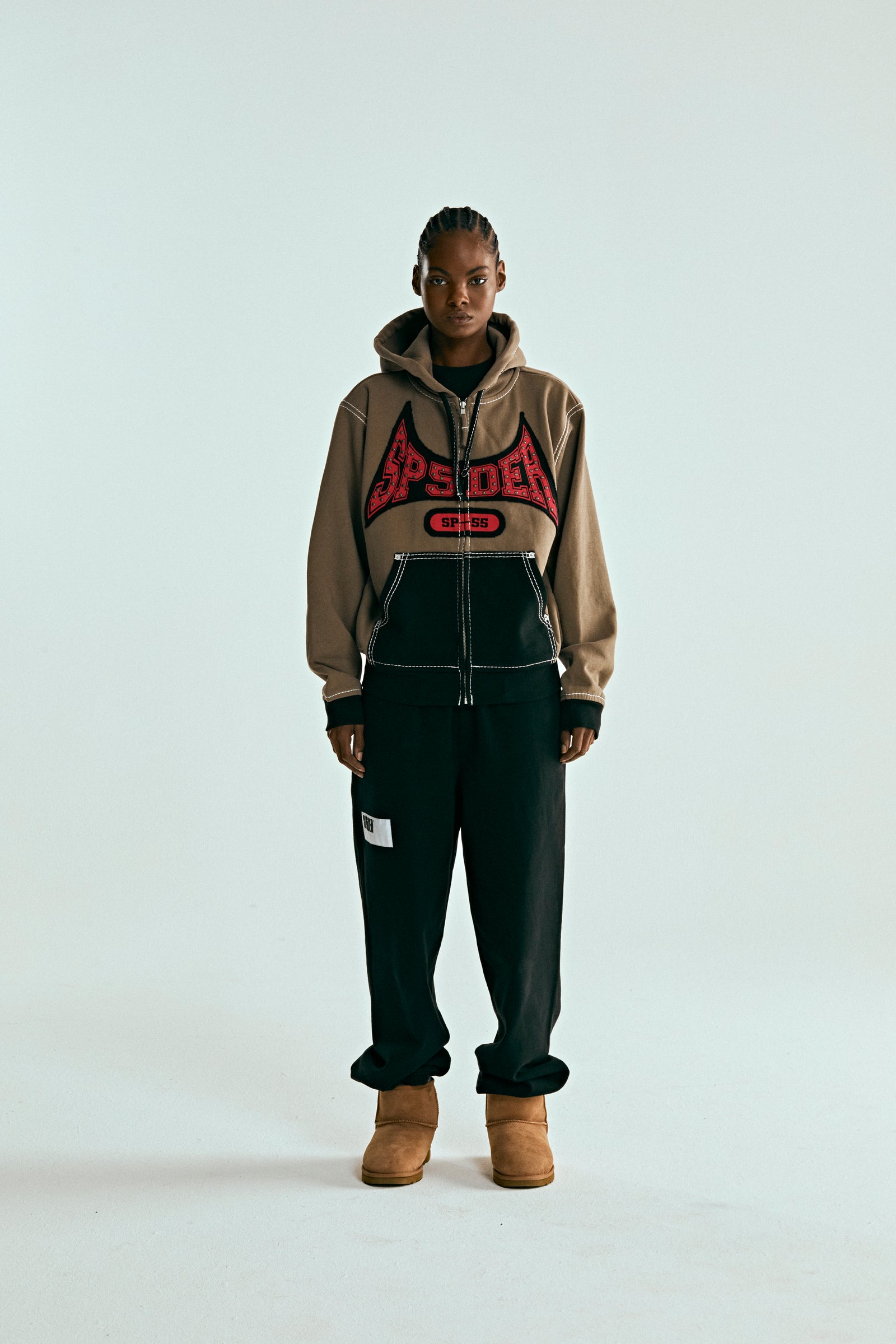 BROWN T&F ZIP HOODIE ON MODEL
