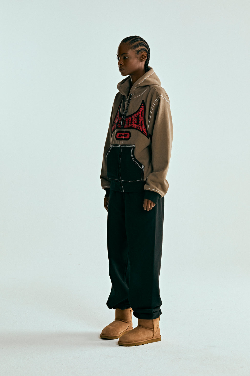 BROWN T&F ZIP HOODIE ON MODEL