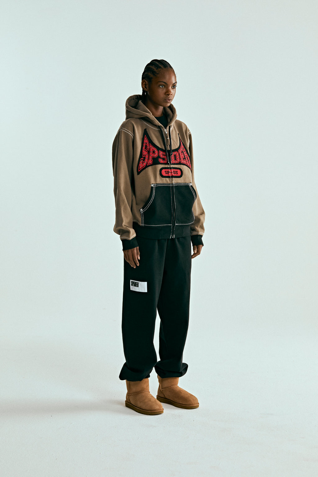 BROWN T&F ZIP HOODIE ON MODEL