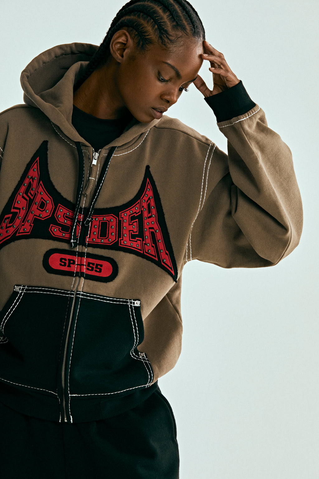 BROWN T&F ZIP HOODIE ON MODEL