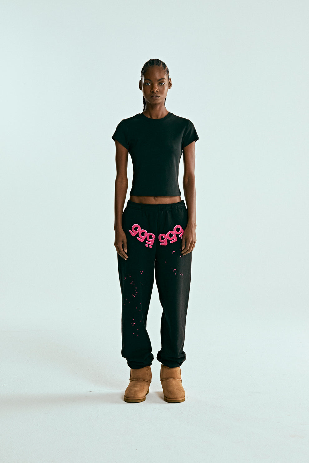 BLACK ANGEL NUMBER SWEATPANT ON MODEL