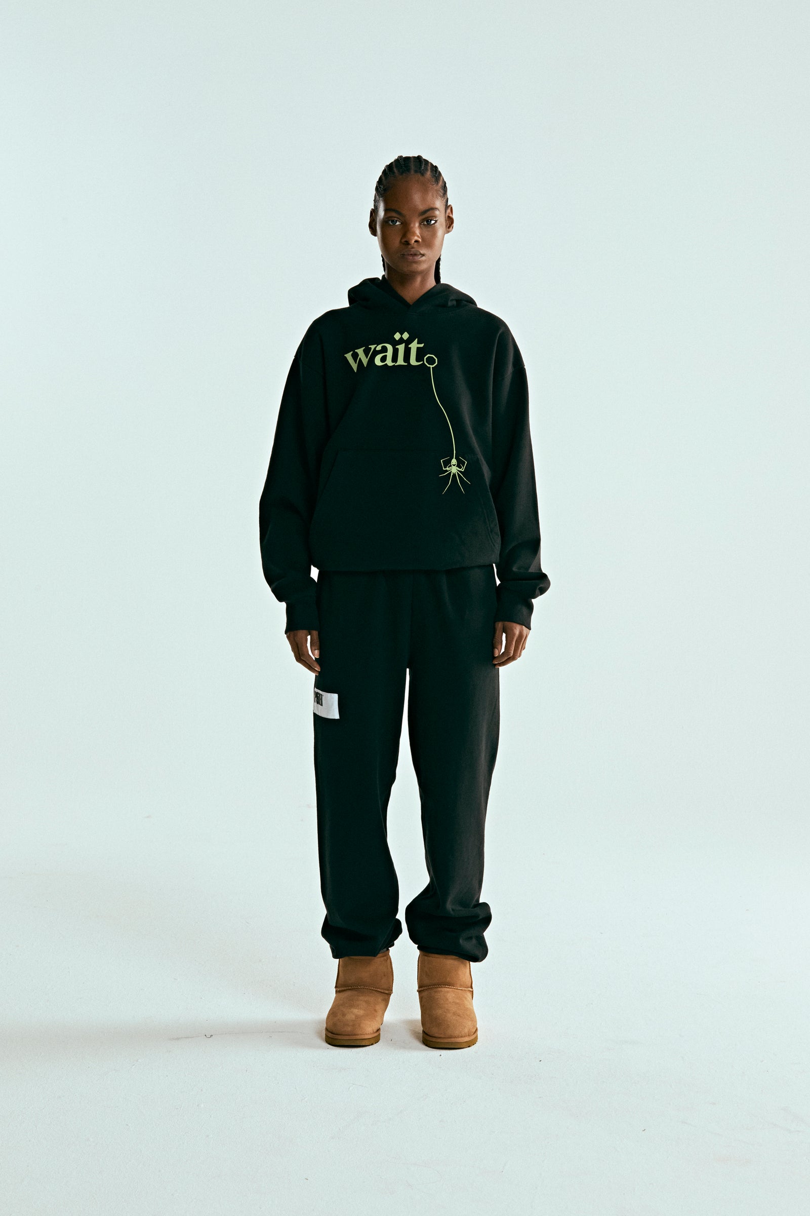 BLACK WAIT HOODIE ON MODEL
