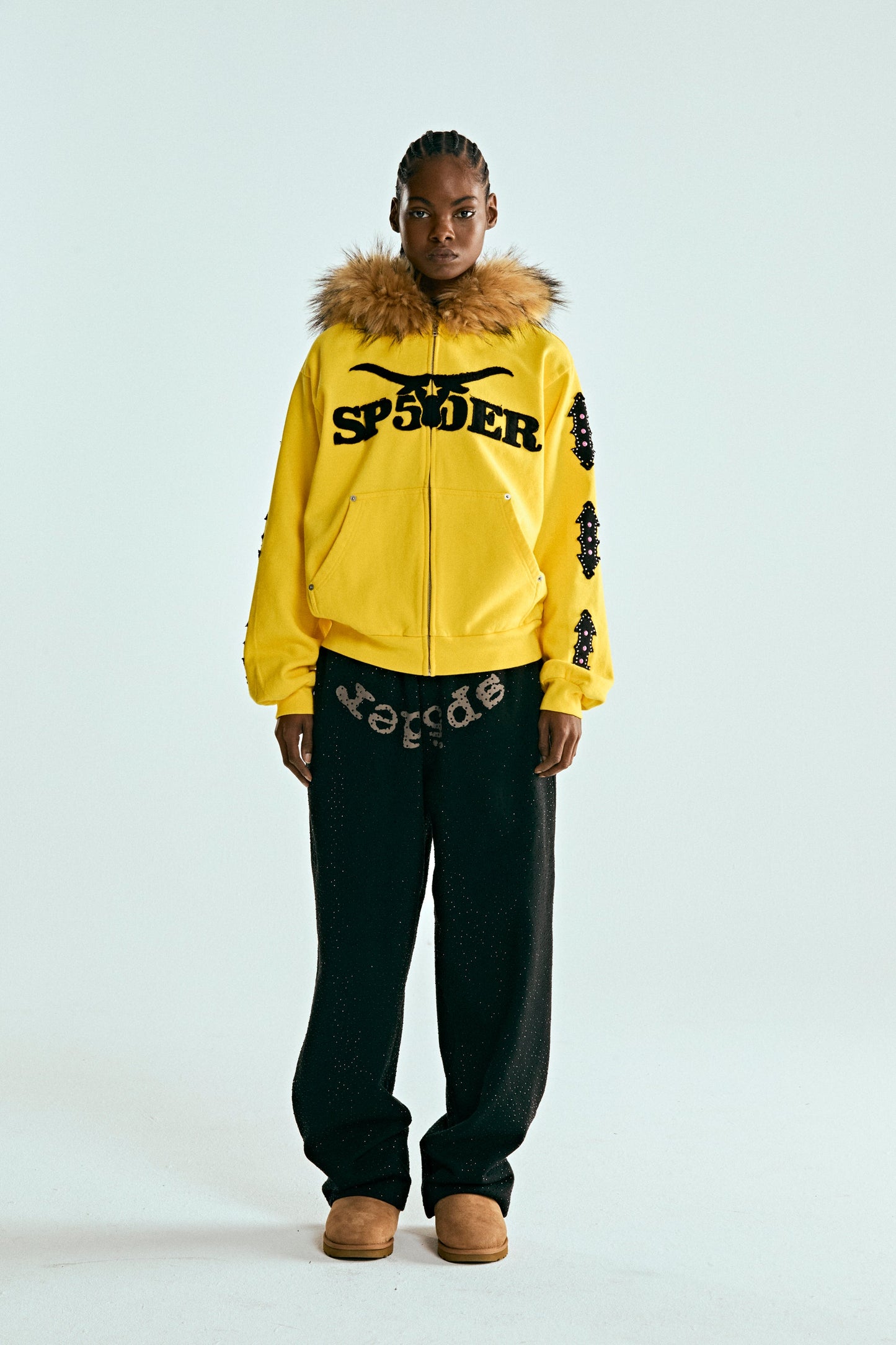 YELLOW FUR HOODED ZIP UP SWEATSHIRT ON MODEL