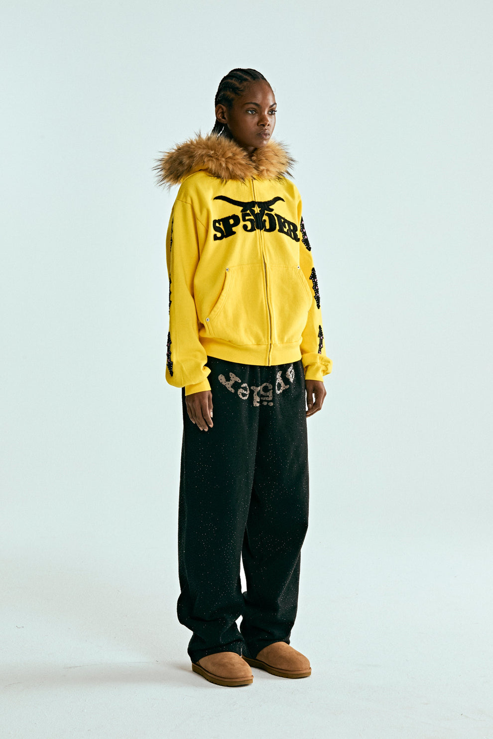 YELLOW FUR HOODED ZIP UP SWEATSHIRT ON MODEL