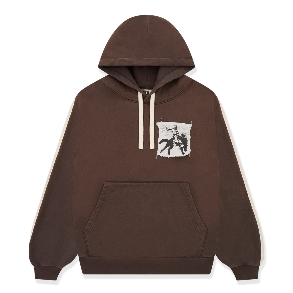 Brown 5STAR Rodeo hoodie with distressed chest patch, drawstring hood, kangaroo pocket, and side stripes.