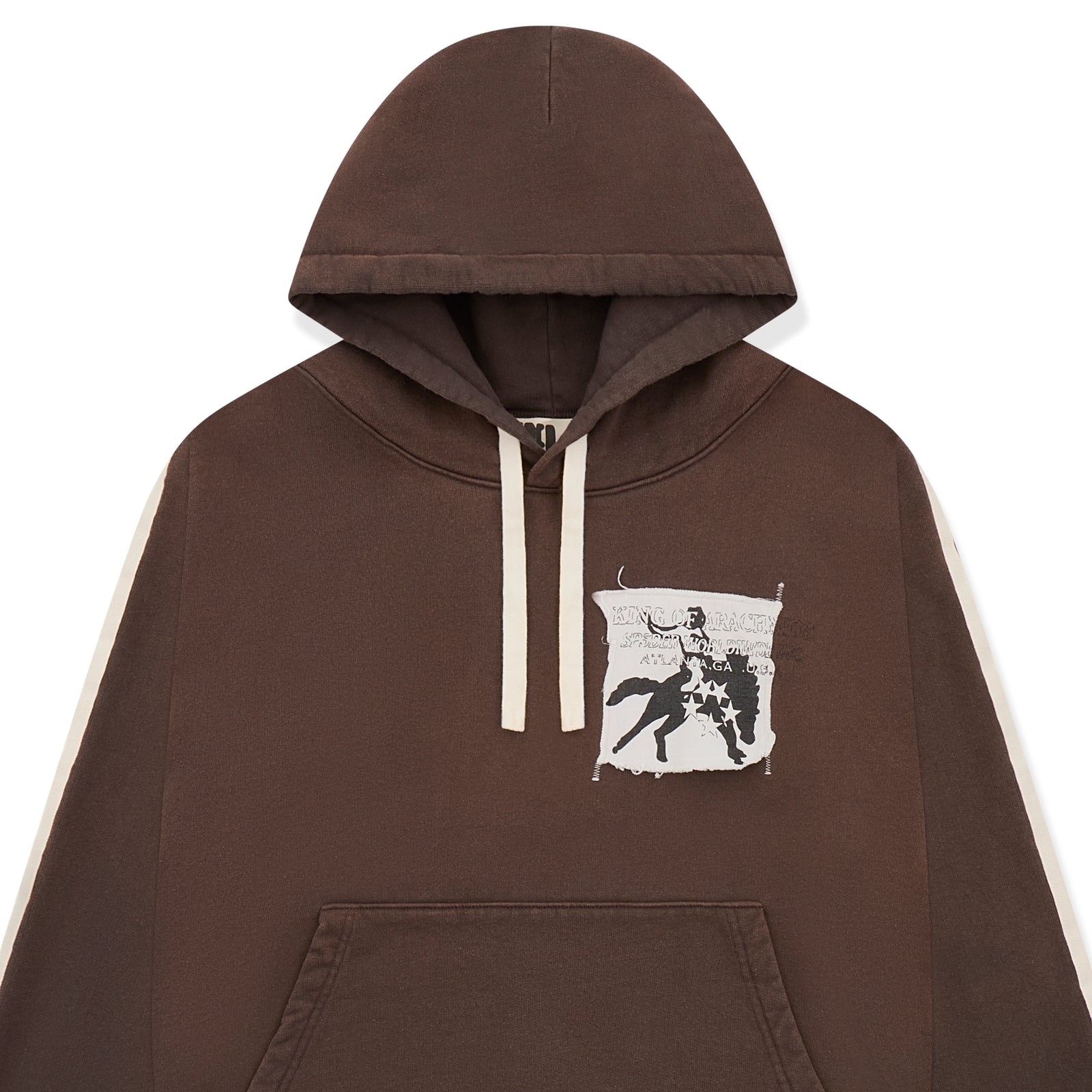 Brown 5STAR Rodeo hoodie with distressed patch, drawstring, kangaroo pocket, and white side stripes.