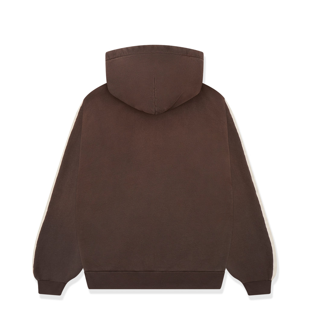 Back of a brown 13oz cotton fleece 5STAR Rodeo hoodie with rib knit hem and cuffs.