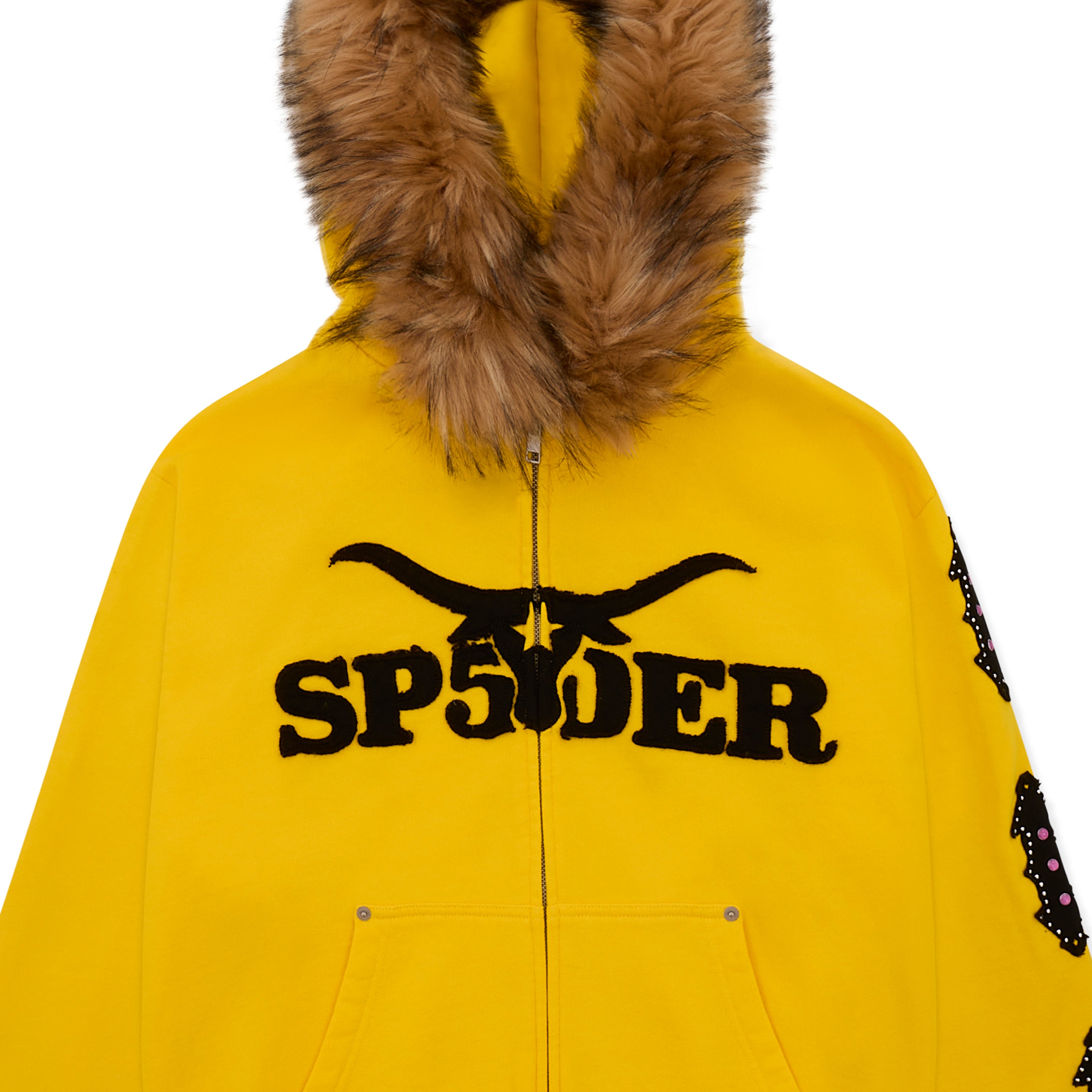 YELLOW FUR HOODED ZIP UP SWEATSHIRT | SP5DER | KING SPIDER