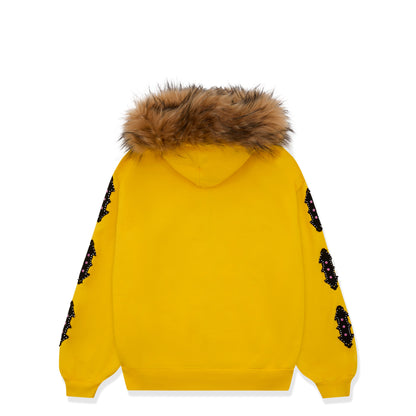 YELLOW FUR HOODED ZIP UP SWEATSHIRT
