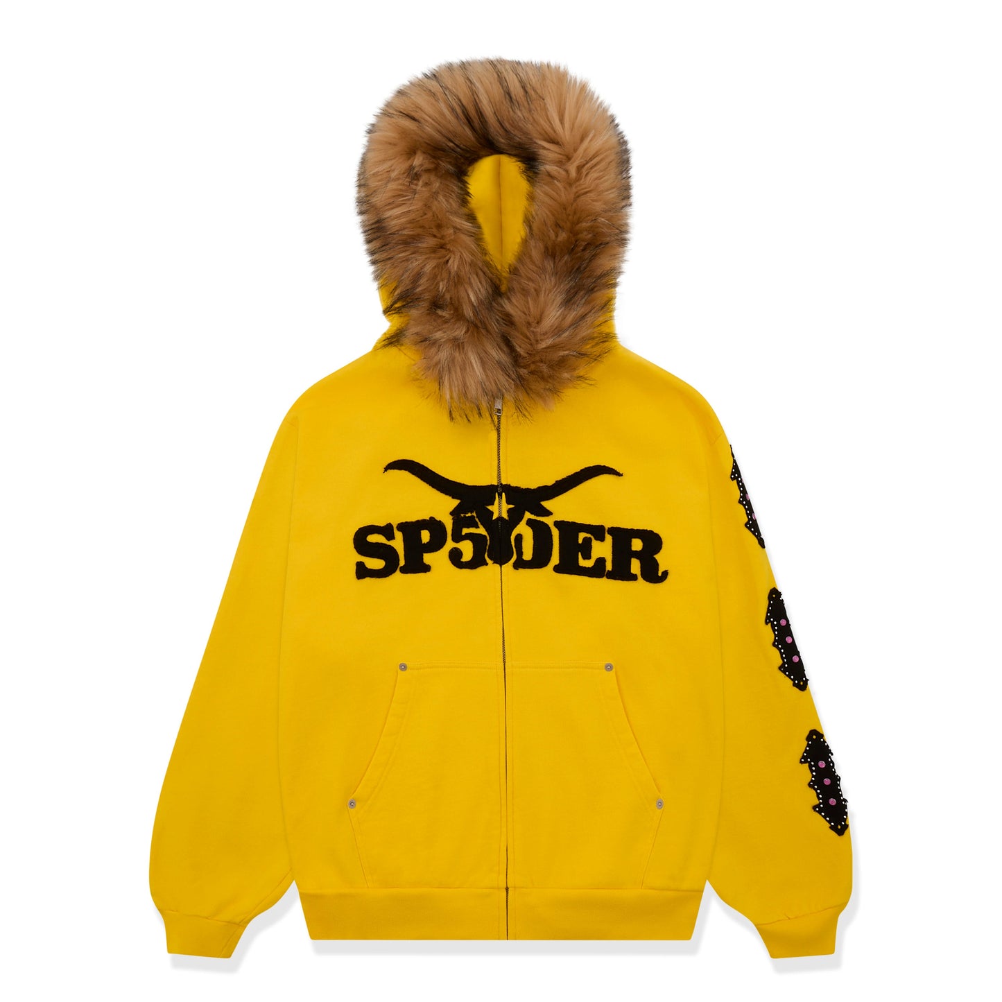YELLOW FUR HOODED ZIP UP SWEATSHIRT