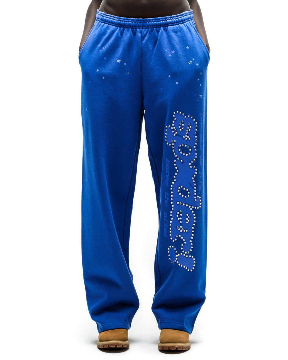 Blue RHINESTONE PUNK V2 SWEATPANT with "P*NK SP5DER" text and scattered stars.