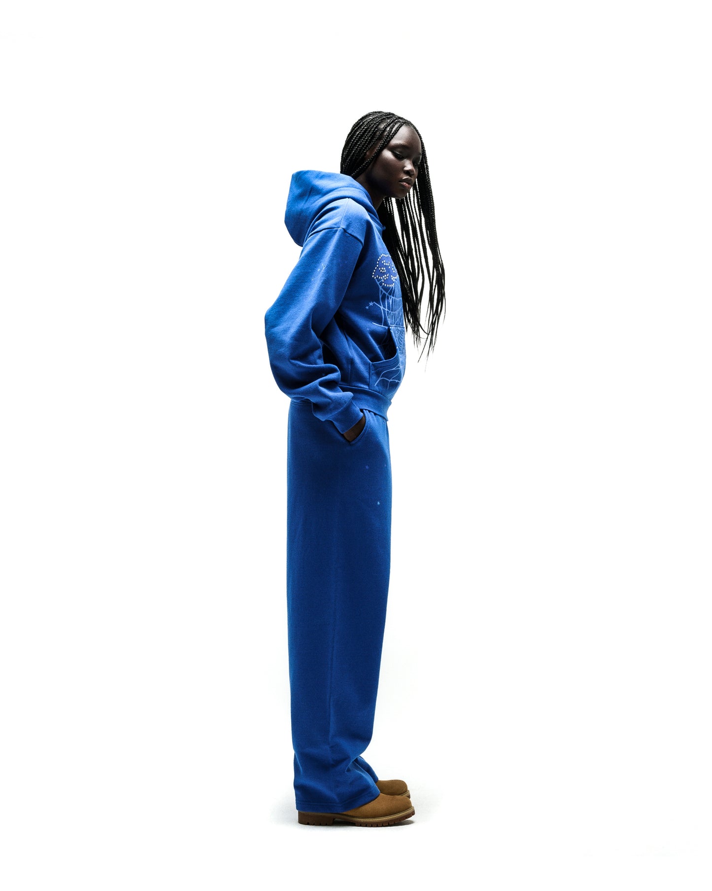 Blue cotton fleece hoodie with Rhinestone P*NK SP5DER motif, web, and matching pants.