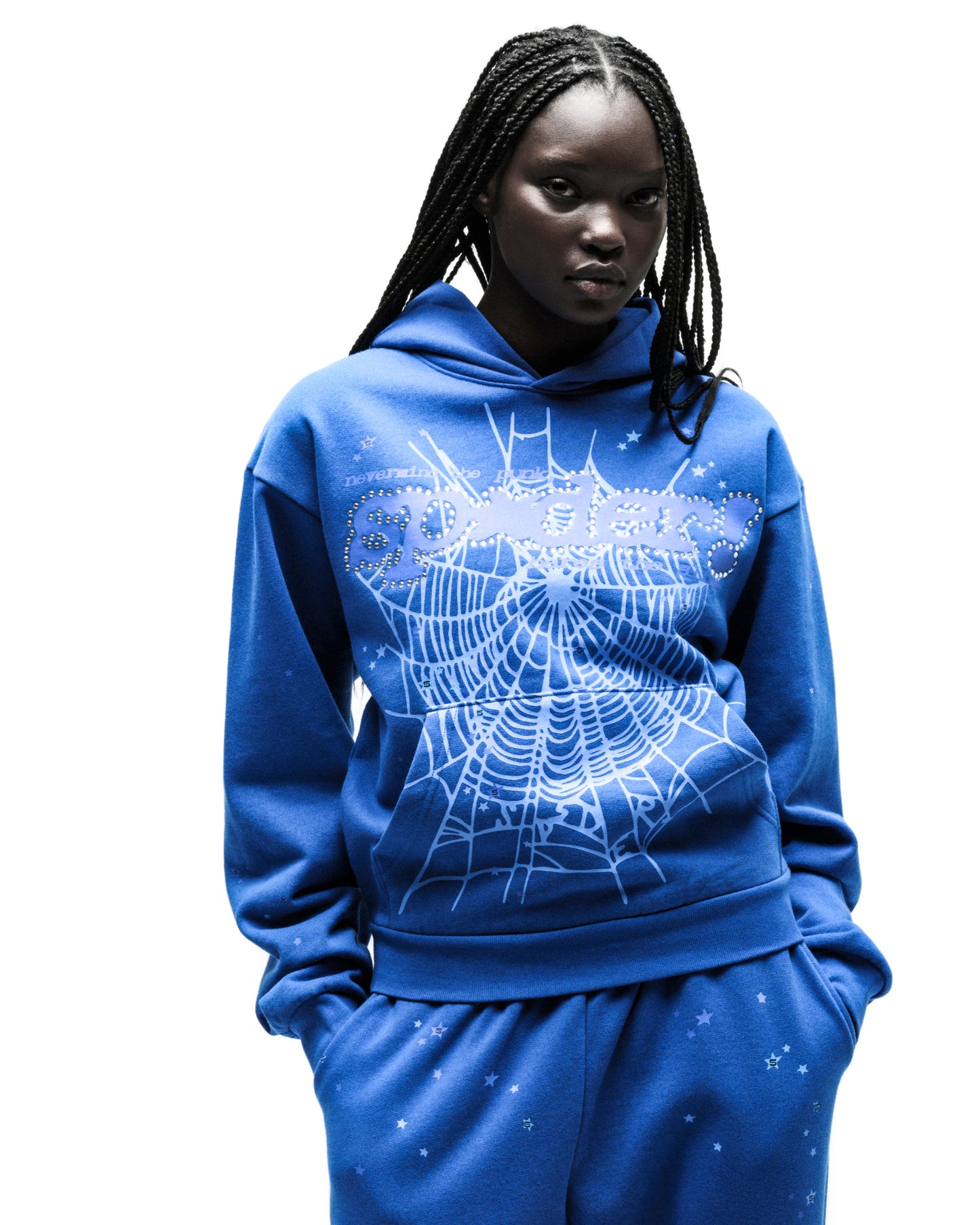 Blue cotton fleece hoodie with rhinestone P*NK SP5DER motif and web design.