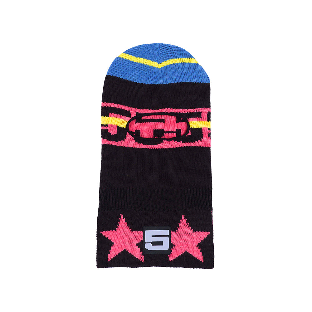 Black SP5DER balaclava with blue, yellow, and pink colorblock. Features jacquard knit 555 and star design.