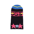 Black SP5DER balaclava with blue, yellow, and pink colorblock. Features jacquard knit 555 and star design.